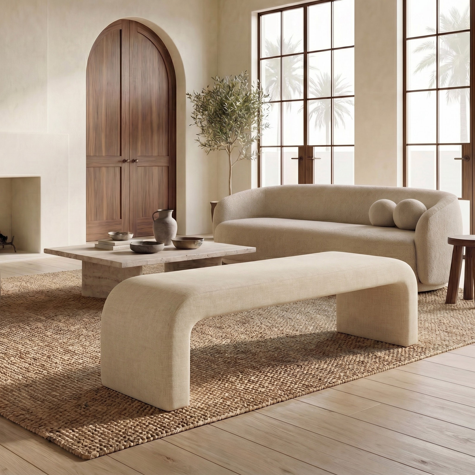 Daine 62" Linen Bedroom Bench, Beige Linen