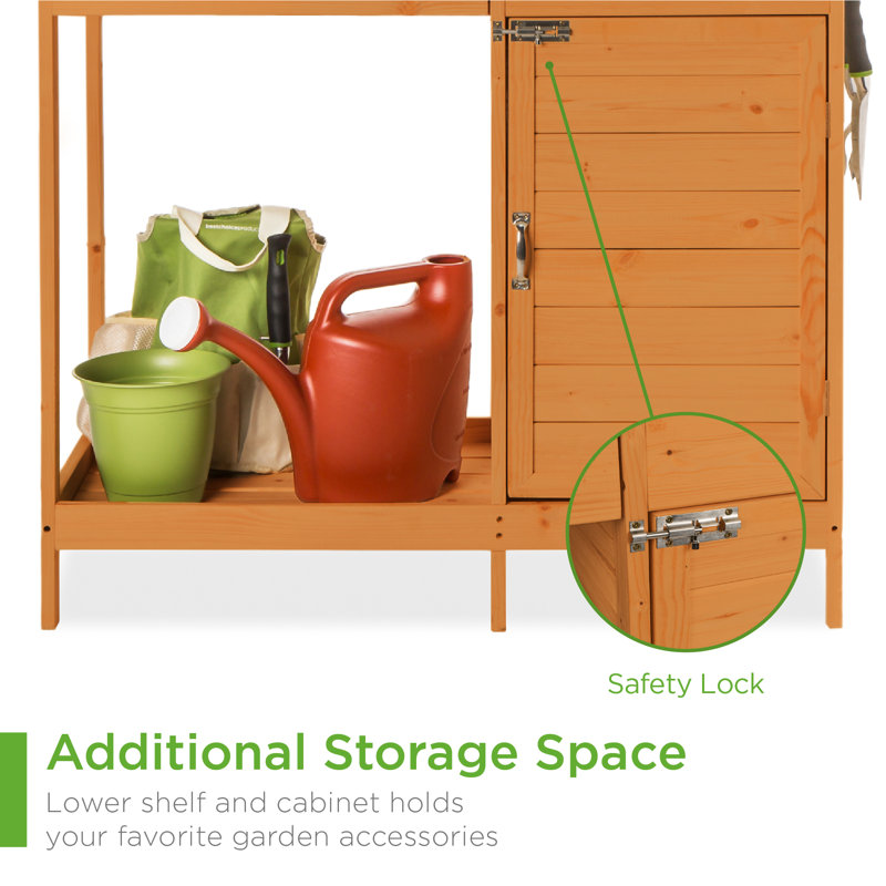 Fir Wood Outdoor Potting Bench with Metal Tabletop and Storage Cabinet