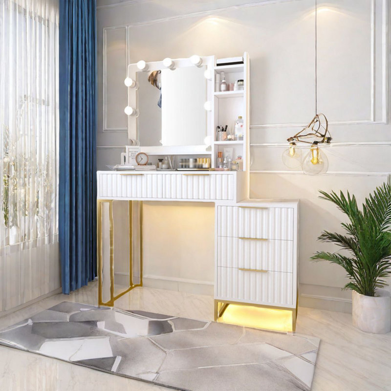 Table de coiffeuse avec miroir et lumières, coiffeuse moderne avec 5 tiroirs
