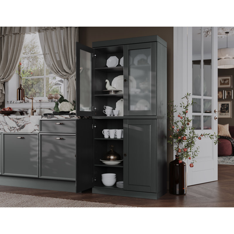 Garde-manger 100% bois massif 32 po avec portes en verre givré, Gris