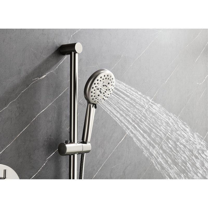 Ensemble de douche en nickel brossé avec levier et corps: tête, douche à main, barre coulissante, corps, bras, boyau, système de robinet en nickel: garniture