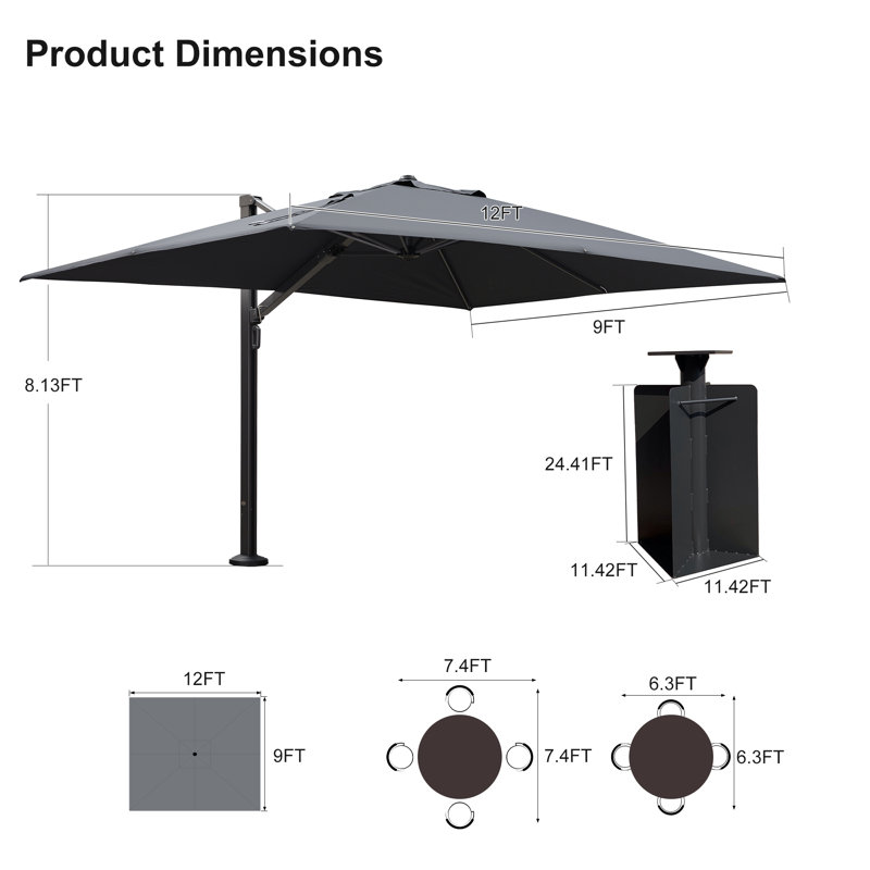 Parasol rectangulaire en porte-à-faux à manivelle avec base relevable à manivelle 108 po x 144 po Kris, gris, Gris