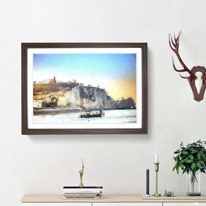 Boat Passing Beachy Head Cliffs Eastbourne - Picture Frame Painting Print, Walnut Framed, 48cm H x 65cm W x 2cm D