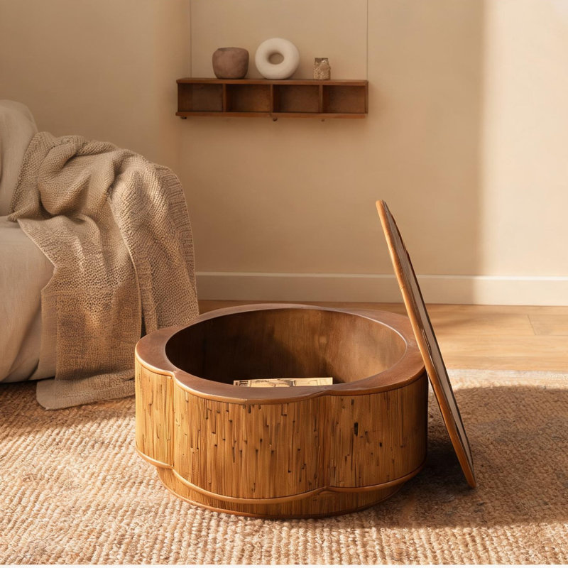 Table basse carrée avec rangement et motif de pétales de fleurs, 31,5 pouces, bois naturel chaud, pour le salon