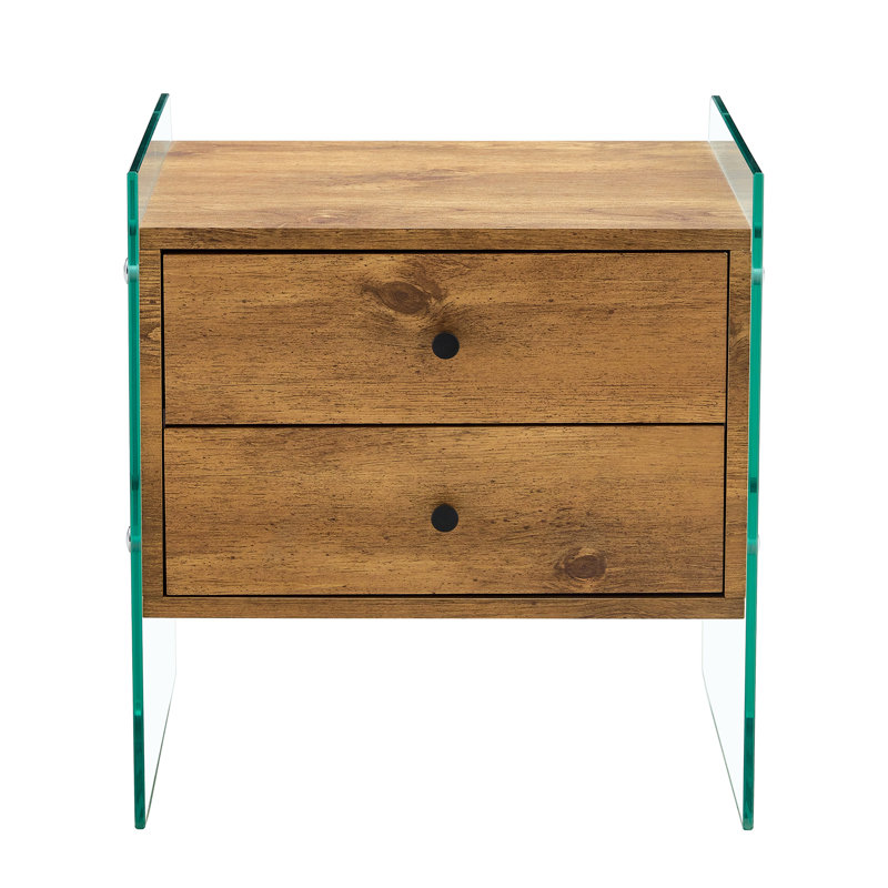 Table de chevet à double tiroir. La surface de la planche est avec un autocollant grain de bois et les deux côtés sont en verre trempé. La conception est simple et élégante, avec d'excellentes fonctions de rangement