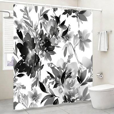 Rideau de salle de bain monochrome à motif floral 72 x 72 po (180 x 180 cm) avec crochets, noir