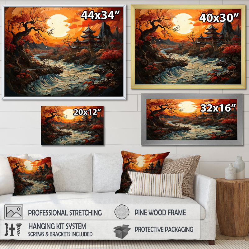 «China Art Dynastic Echoes IV», reproduction d'art sur toile, H 16 po x l 32 po x P 1 po, Encadrement doré