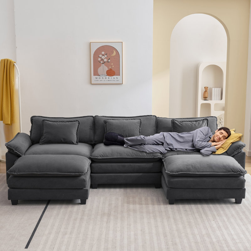 Praylow 120” Comfy Cloud Couch U Shaped Sectional Sofa with Two Ottomans