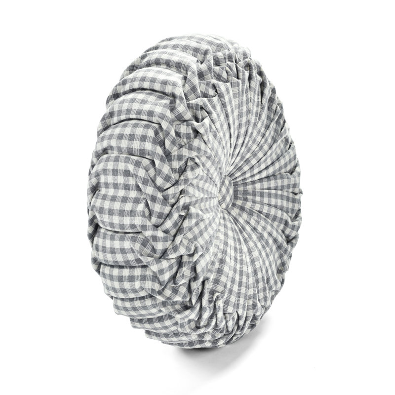 Gingham Check Yarn Dyed Round Pillow Cover & Insert, Light Gray