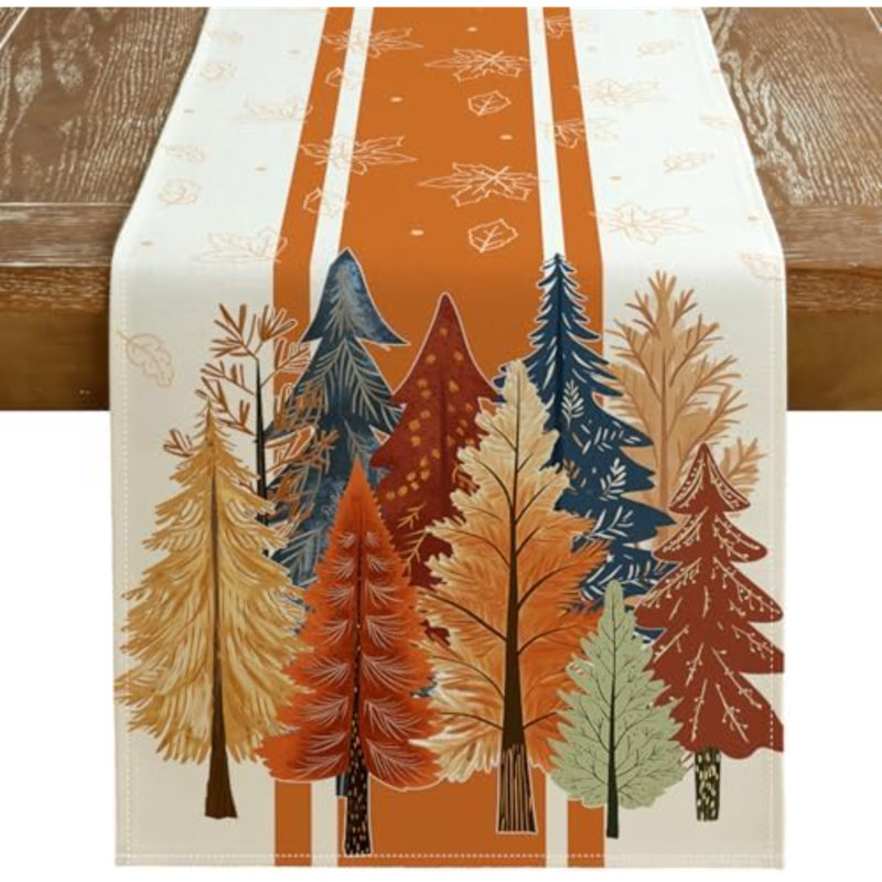 Fall Watercolor Trees & Maple Leaves Striped Table Runner 13x48 Inch, Rustic Farmhouse Autumn Thanksgiving Decor for Kitchen, Dining, Indoor/Outdoor Holiday Dinner Party Orange