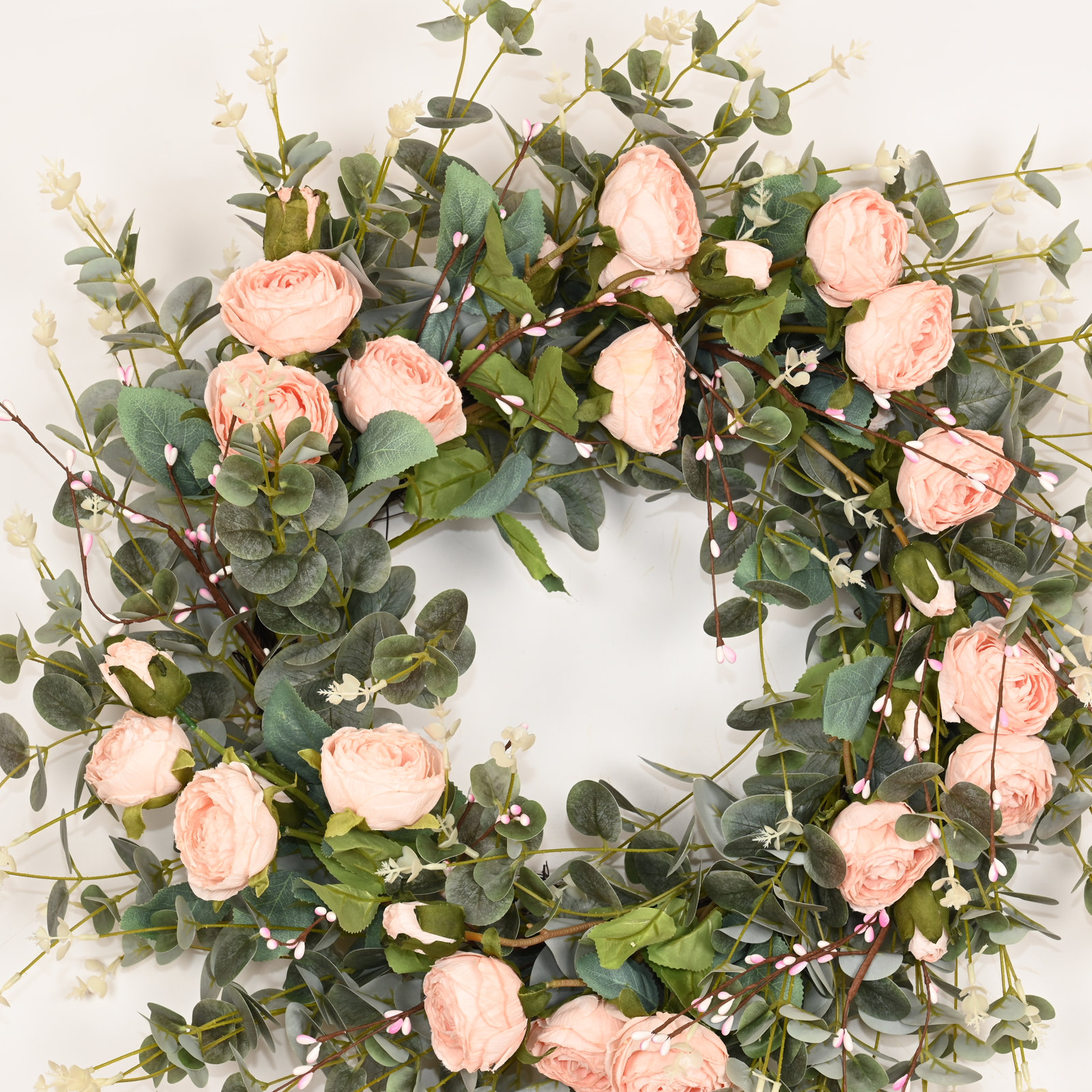 26" Handcrafted Eucalyptus Rose No Holiday Wreath, Peach