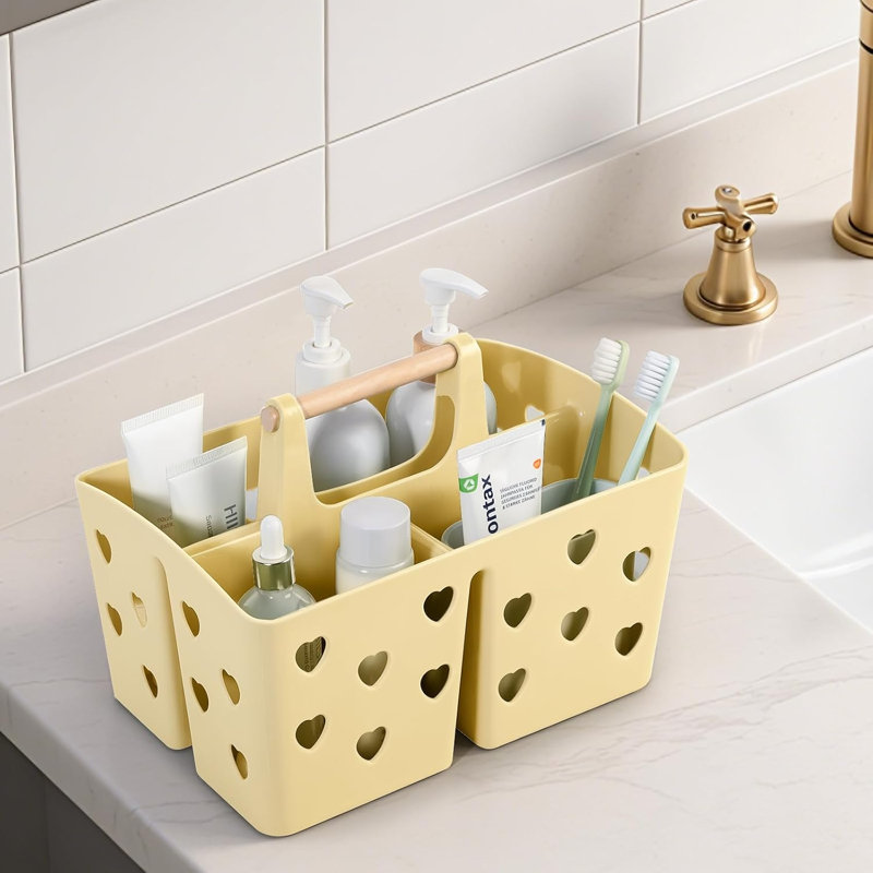 Organisateur de panier de douche en plastique jaune avec poignée
