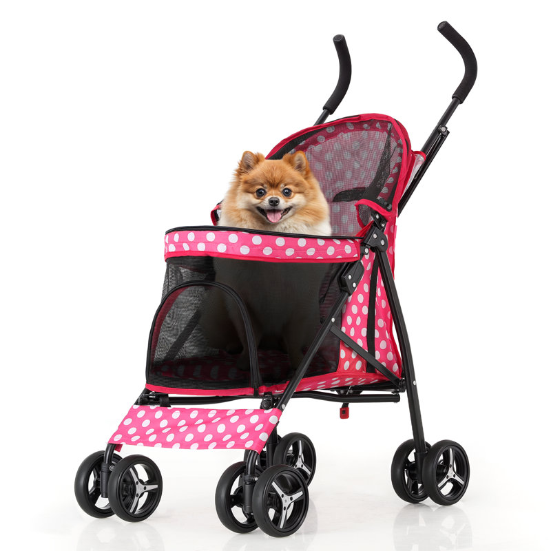 4 Wheel Folding Pet Stroller, Foldable Dog Jogger Stroller with Adjustable Canopy and Mesh Window, White/Pink