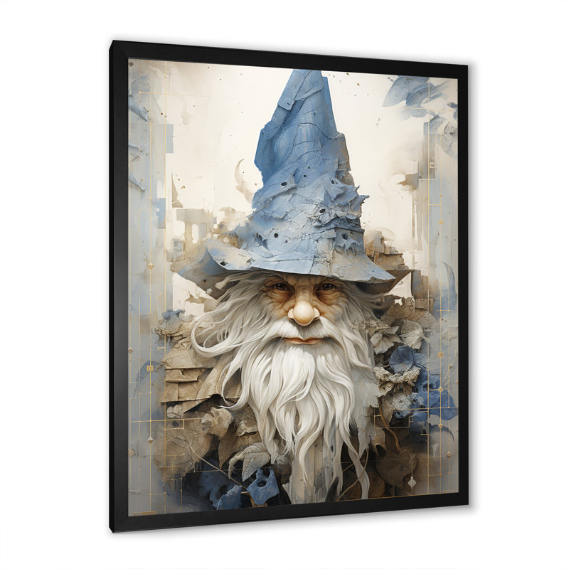 Minimalisme beige et gnome bleu sur toile, Cadre simple noir, H 44 po x l 34 po x P 1,5 po