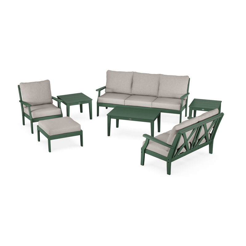 Braxton 7-Piece Deep Seating Set, Green Frame/Weathered Tweed Cushion