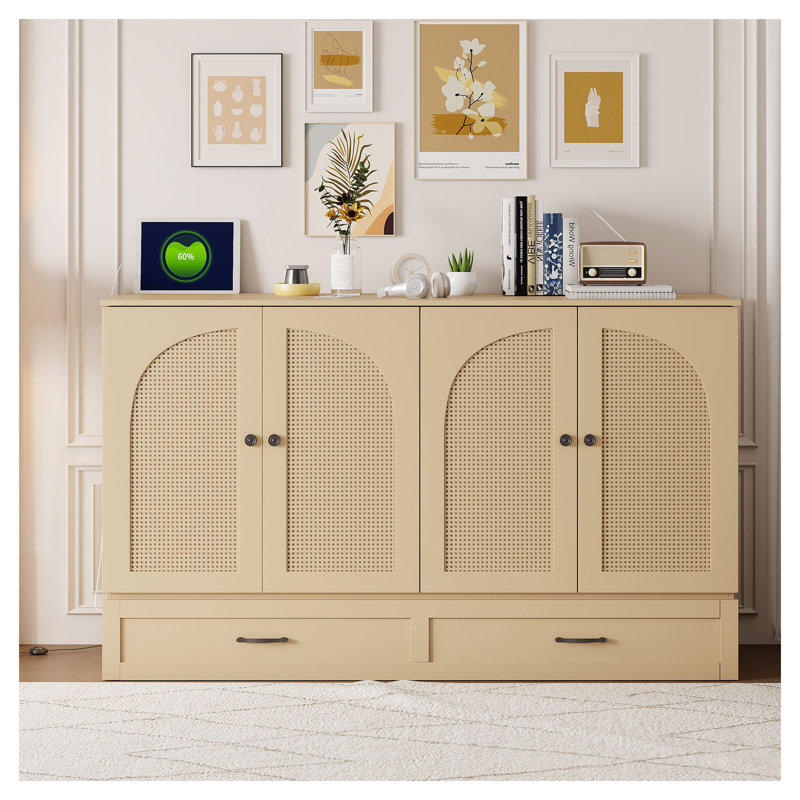 Grand lit escamotable avec tiroirs de rangement et port de chargement USB, armoire de lit murale peu encombrante avec finition en rotin