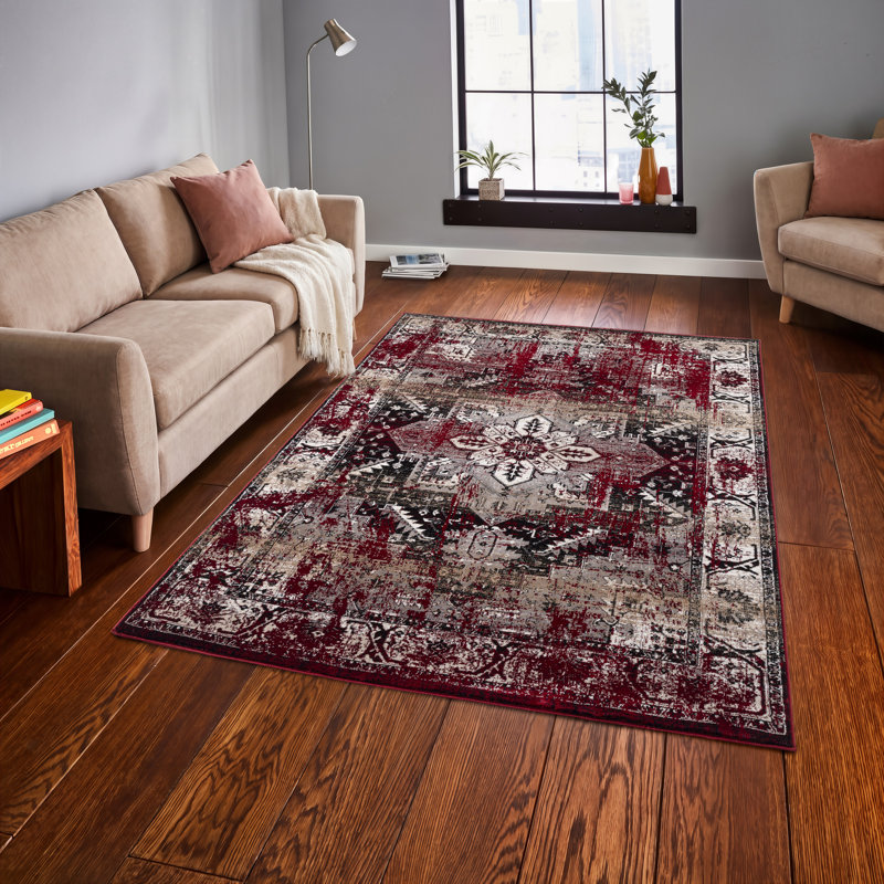 Floral Flatweave Area Rug, Rectangle 200 x 290 cm, Red