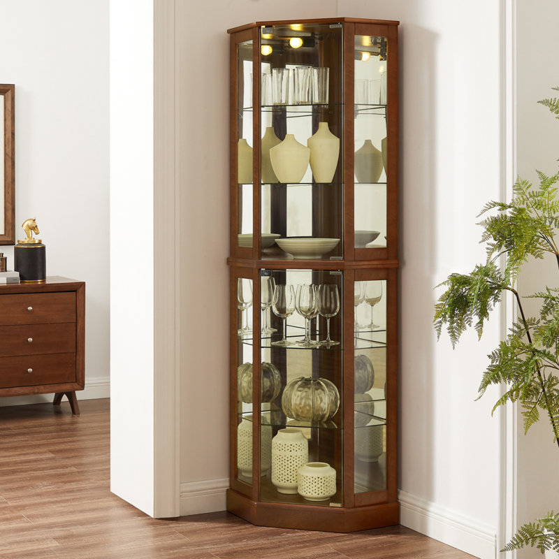 6 Shelf Corner Curio Display Cabinet With Lights, Mirrors And Adjustable Shelves(E26 Light Bulb Not Included), Walnut