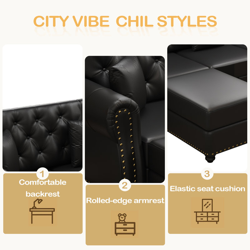 Canapé Chesterfield 82,6 po rembourré en similicuir avec garniture cloutée et accoudoirs roulés, Noir
