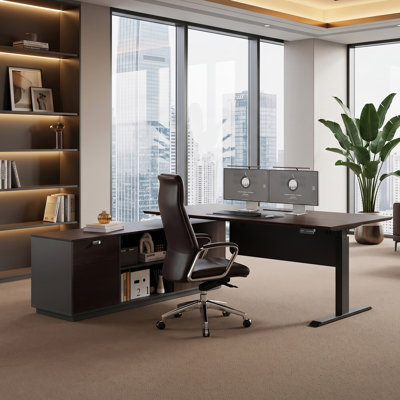 71" L-Shaped Executive Standing Desk with Drawers, Built-In Power Outlets and Privacy Panel, Height-Adjustable Standing Office Desk for Executive and