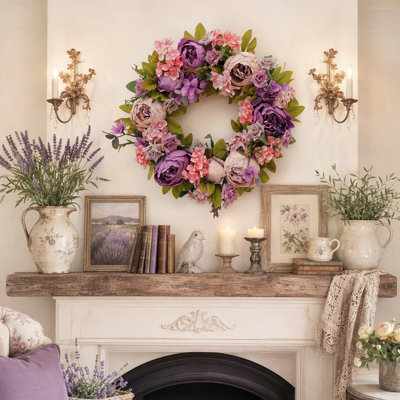 18 Inch Artificial Purple Pink Peony Rose Front Door Wreath, Spring Summer Wreaths for Outdoor Indoor Porch Wall and Window, Handcrafted Mixed Flower Grapevine Wreath, Year Round Home Decor