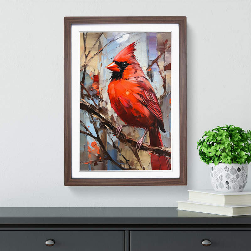 Cardinal Bird Gestural - Single Picture Frame Print on Wood, Walnut Framed, 46cm H x 34cm W x 2cm D