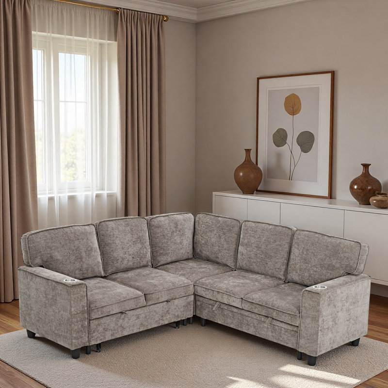 Canapé modulaire en L avec siège de rangement, porte-clés USB et porte-gobelets, Chenille brun clair