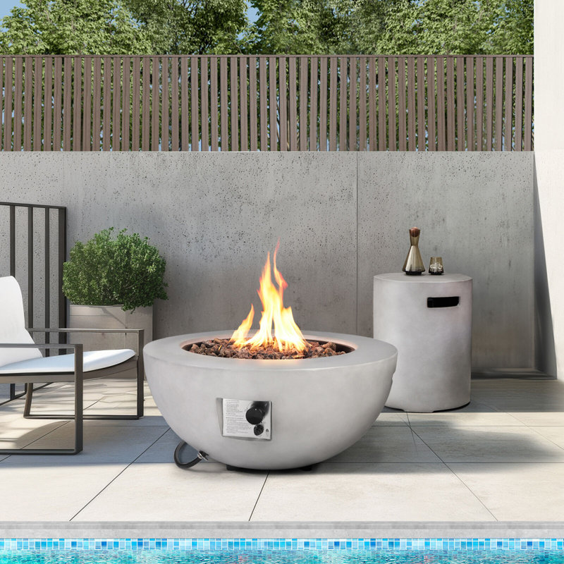 31.5" Outdoor Propane Fire Pit table with Tank Cover Table, 50,000 BTU, Concrete Round Gas Firepit with Steel Lid, Rain cover & Lava Rocks