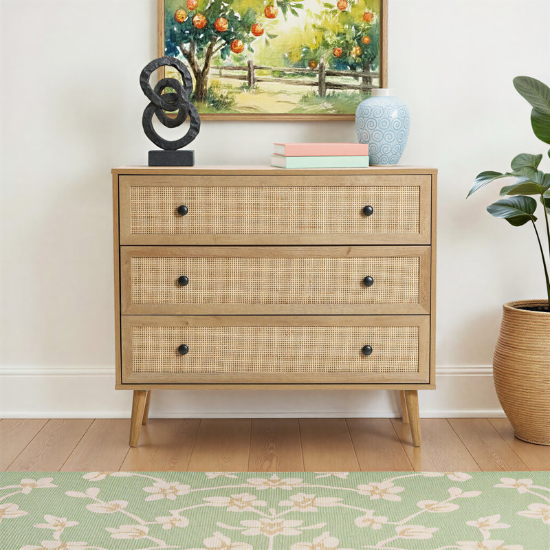 Zandra 35.4'' W Rattan 3-Drawer Dresser, Mid-Century Modern Wood Storage Chest