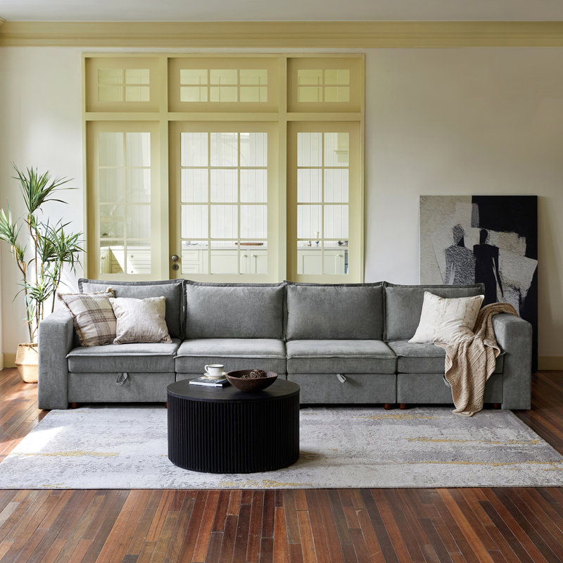 Housse pour canapé modulaire avec rangement en chenille 4 pièces de 136 po Bessette, Gris