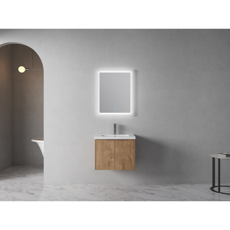 Lavabo de salle de bain mural - Armoire 24 po, portes modernes à fermeture en douceur, contreplaqué, armoire imitation chêne 24 po avec résine, couleur
