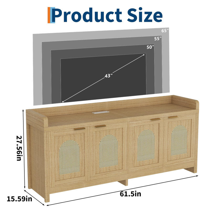 Meuble télé en rotin de 156 cm (61,5 po) pour téléviseur de 165 cm (65 po), meuble de rangement moderne avec étagères en verre et système de gestion des câbles, style campagnard.