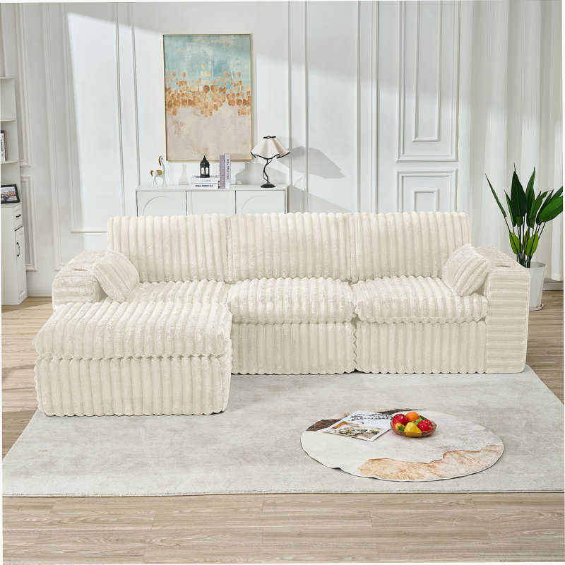 Luxury Ribbed Chenille Upholstered Modular Sectional Sofa With Ottoman For Ultimate Comfort And Flexible Layouts., Ivory