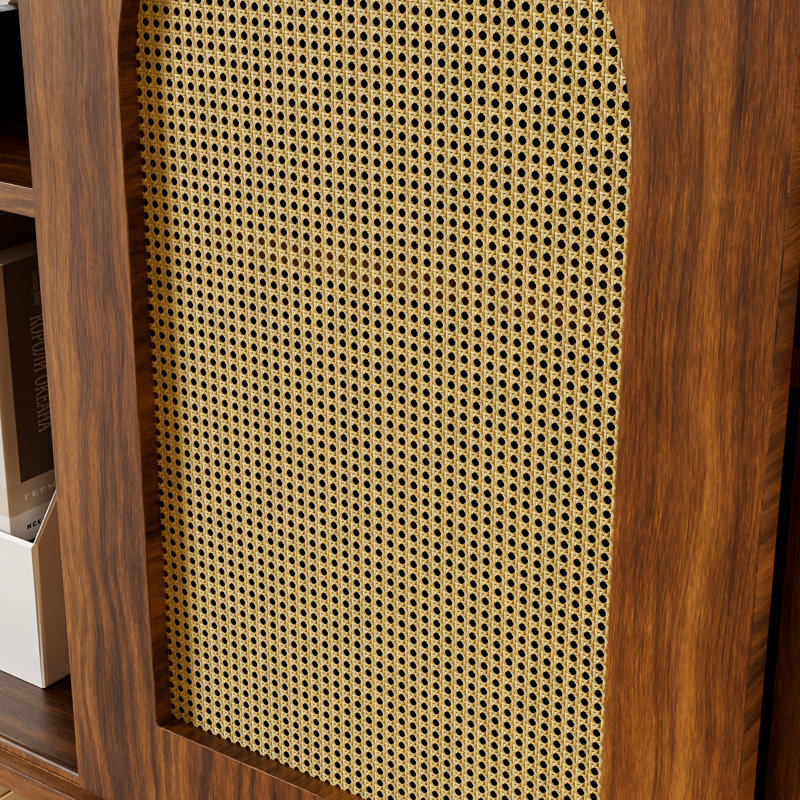 Farmhouse Walnut Buffet Sideboard With 2 Rattan Sliding Doors Multi-Functional Storage Cabinet With Shelves, Walnut