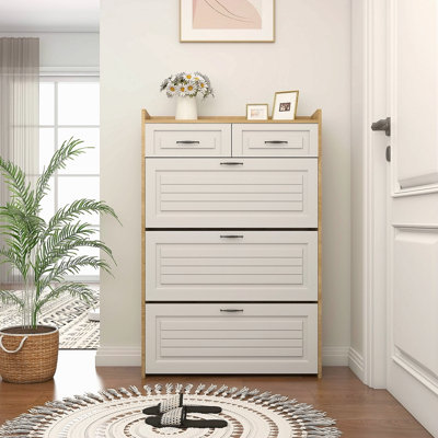 Armoire à chaussures 1250 blanc + chêne avec 3 portes et 2 tiroirs, grand espace de rangement