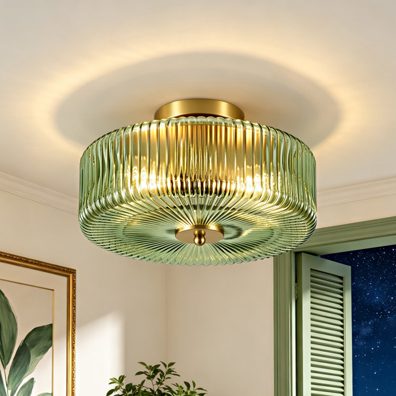 Plafonnier semi-encastré 3 lumières 11,8 po avec abat-jour en verre rayé transparent, Green
