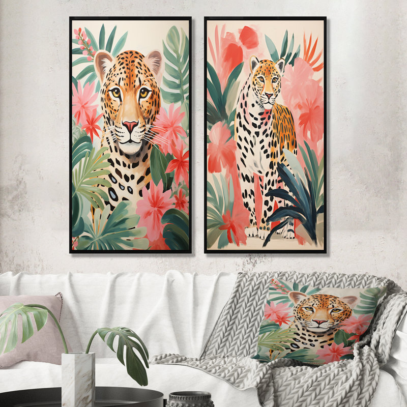 Léopard vert et rose dans la jungle I - ensemble de 2 impressions sur toile léopard, Cadre noir, H 32 po x l 33 po