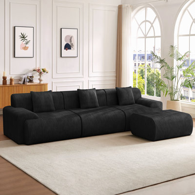 Boneless 118" Modern L Shaped Modular Sectional Sofa, Boneless Cloud Couch With Ottoman, Oversized Corduroy Couch Deep Seat, 30D Sponge For Indoor Living Room, No Assembly Required