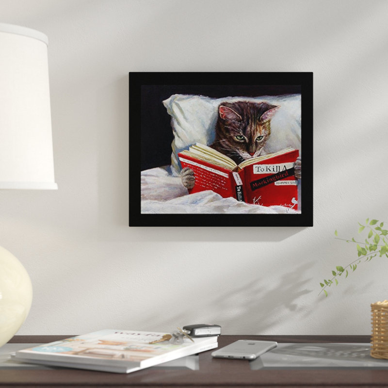 « late nighter cat, lecture pour tuer a mockingbird », reproduction d’impression sur bois encadrée, Pas de tapis