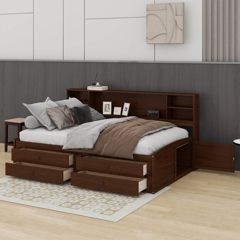 Full Size Wooden Captain Bed With Built-In Storage Shelves, Drawers And Cabinets