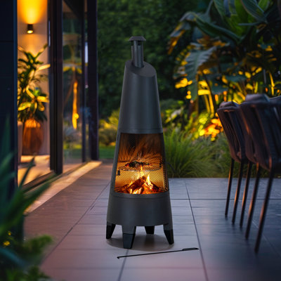 SUNJOY 57 Inch 2-in-1 Chiminea Fire Pit & Grill - Metal Outdoor Chiminea with Removable Stainless Steel Grill Grate, PVC Cover, and Mesh Safety Screen Door