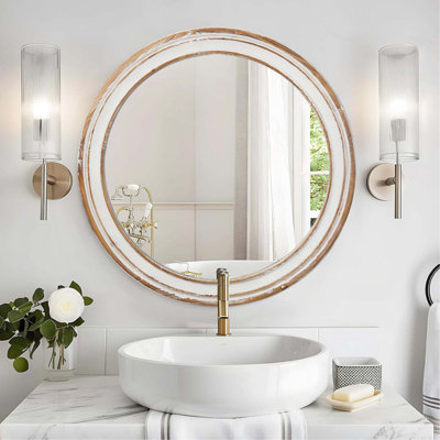 Miroir rond rond pour meuble-lavabo, miroirs en bois de style campagnard circulaire pour chambre à coucher, vestibule, salon, miroir décoratif Kithen Whitewash Edge pour la maison, le bureau
