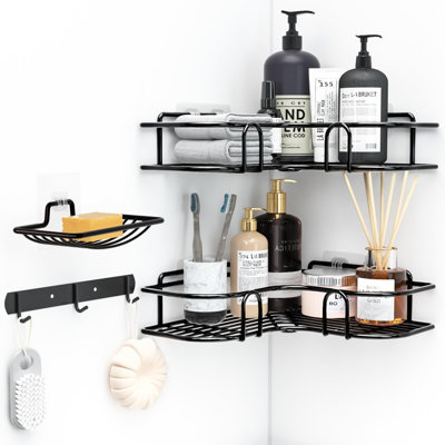 Serviteur de douche en coin, organisateur de douche de 4 tablettes de coin avec porte-savon et crochets indépendants, douche murale sans perçage pour le rangement de la salle de bain, du dortoir et de la cuisine.