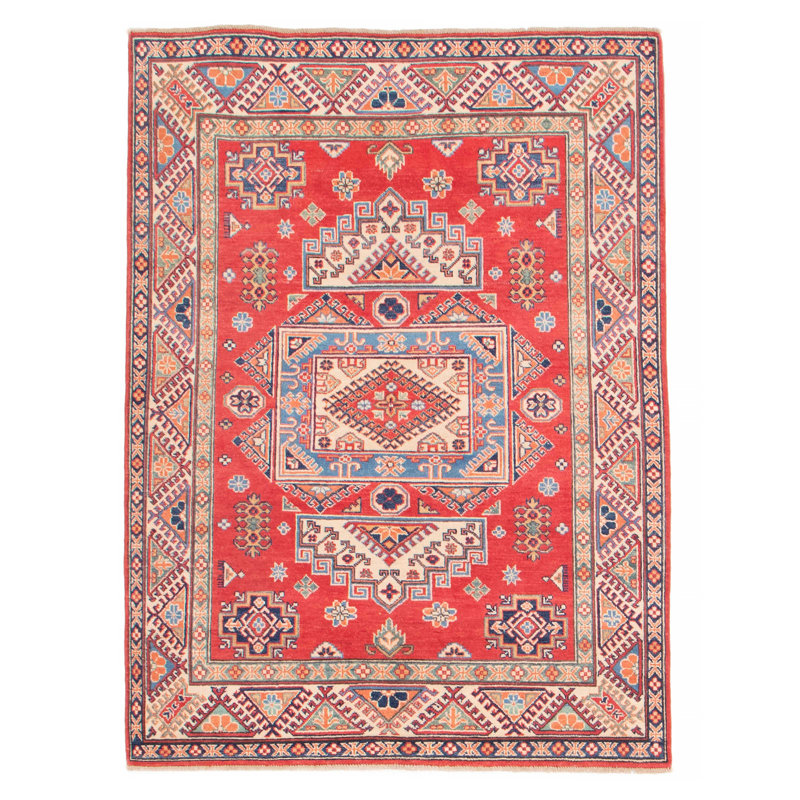 Tapis rouge en laine noué à la main de conception unique et unique 4 pi 11 po x 6 pi 8 po Overholt