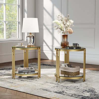 Table d'appoint à 2 niveaux avec tablettes de rangement, table de bout en verre de style moderne pour le salon, chambre à coucher (ensemble de 2)