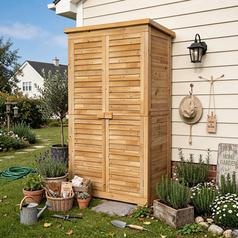 Abri de jardin vertical en bois massif de 1,58 m de hauteur, Bois naturel