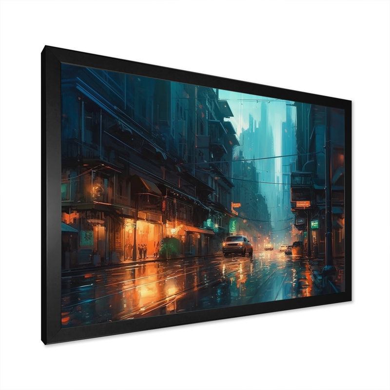 «Blue and Yellow Art Deco Cityscapes Unveilé II», reproduction sur toile, Cadre photo noir, H 16 po x l 32 po x P 1 po
