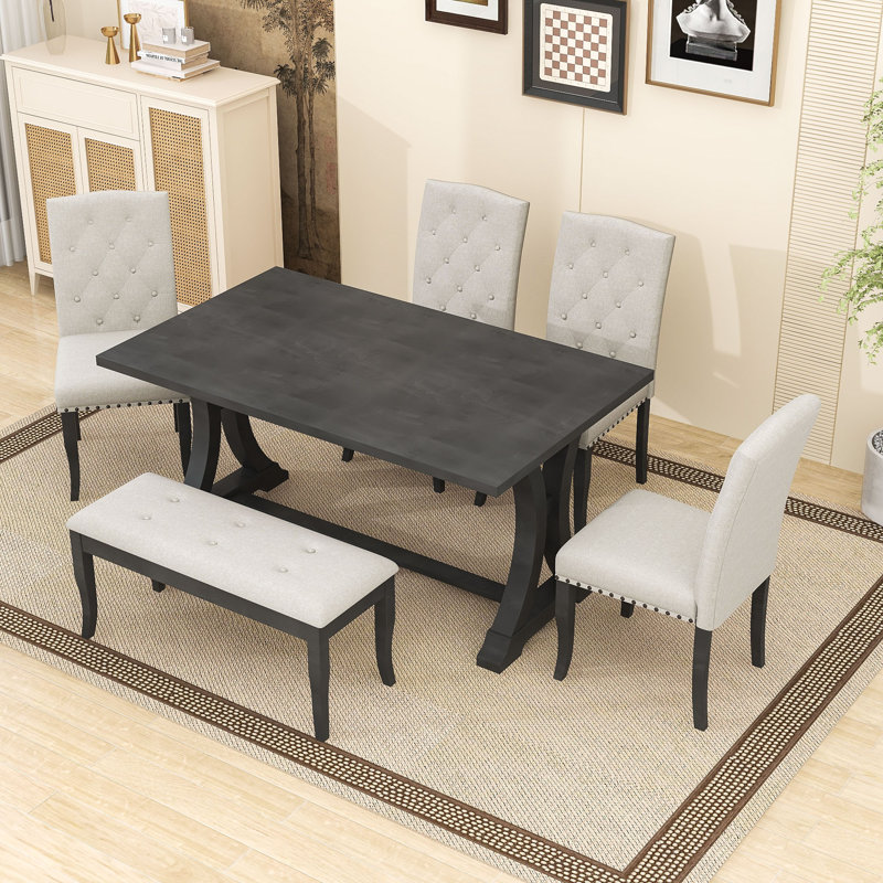 Bembow 6 - Piece Trestle Dining Set, Rectangular Trestle Table, Upholstered Chairs and Bench, Antique Gray