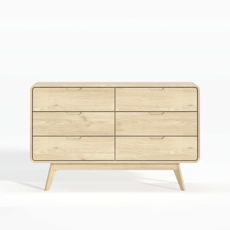Commode 6 tiroirs double l 47,2 po avec bords arrondis, commode de chambre à coucher, commode en bois, Chêne