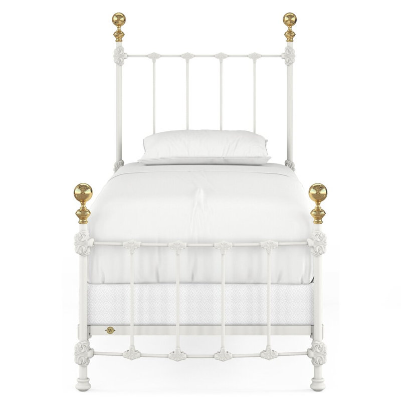 Lit Palatial en fer et laiton, Lit simple, Matte White/Antique Gold